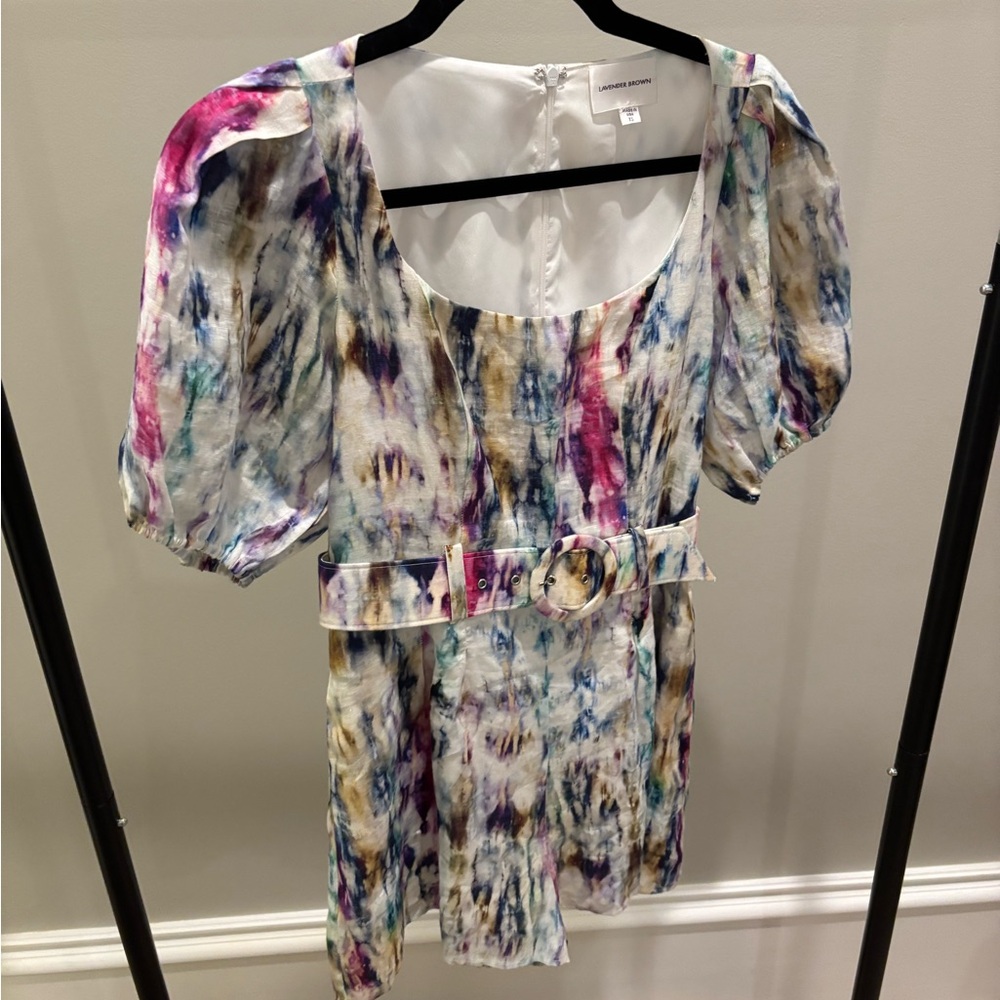 Lavender Brown Cream Ruffled Tie Front Blouse